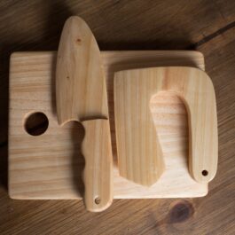 Wooden Kids Cutting Set (2 Knifes + board)
